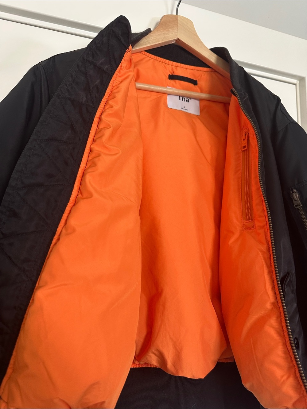 TNA Black Bomber Jacket with Orange Lining - Picture 2 of 6